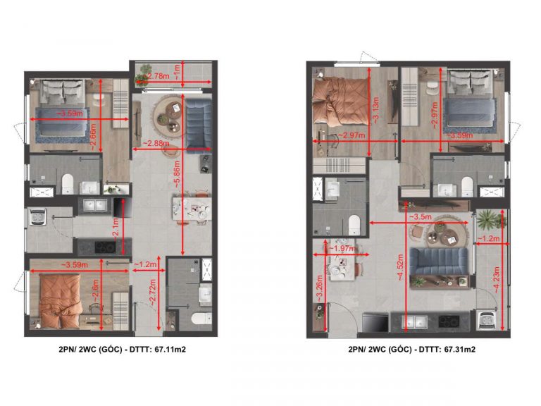 Kích thước căn hộ 2pn góc dự án tt avio