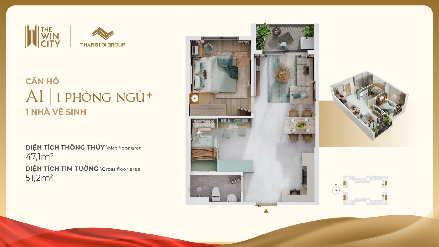 Layout căn hộ 1 phòng ngủ The Win City Đức Hòa Long An