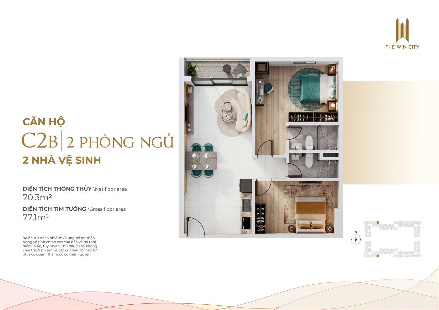 Mặt bằng layout căn hộ 2 phòng ngủ 77m2 The Win City Thắng Lợi